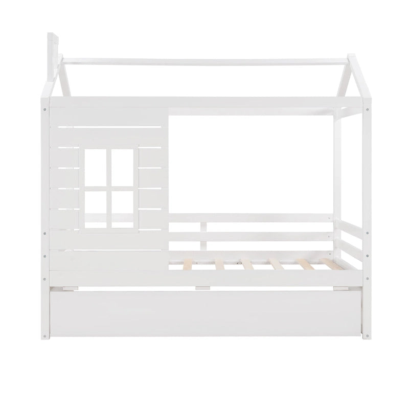 Kids White Pine Wood House Bed Frame with Guardrail and Playhouse Window