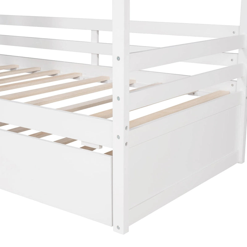 Kids White Pine Wood House Bed Frame with Guardrail and Playhouse Window