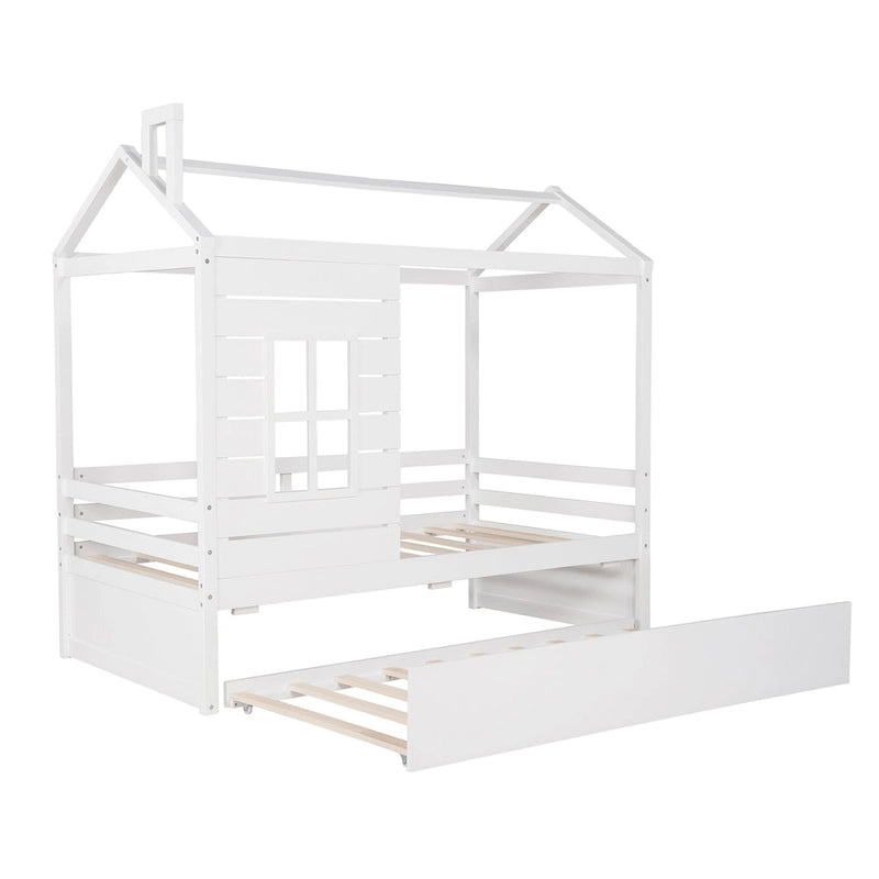Kids White Pine Wood House Bed Frame with Guardrail and Playhouse Window