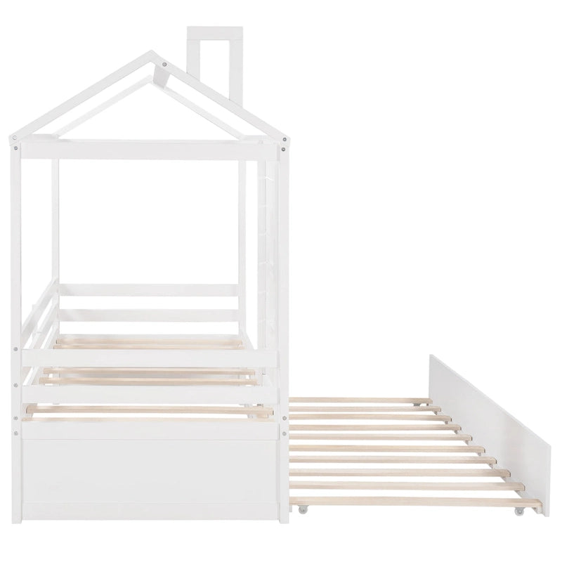 Kids White Pine Wood House Bed Frame with Guardrail and Playhouse Window