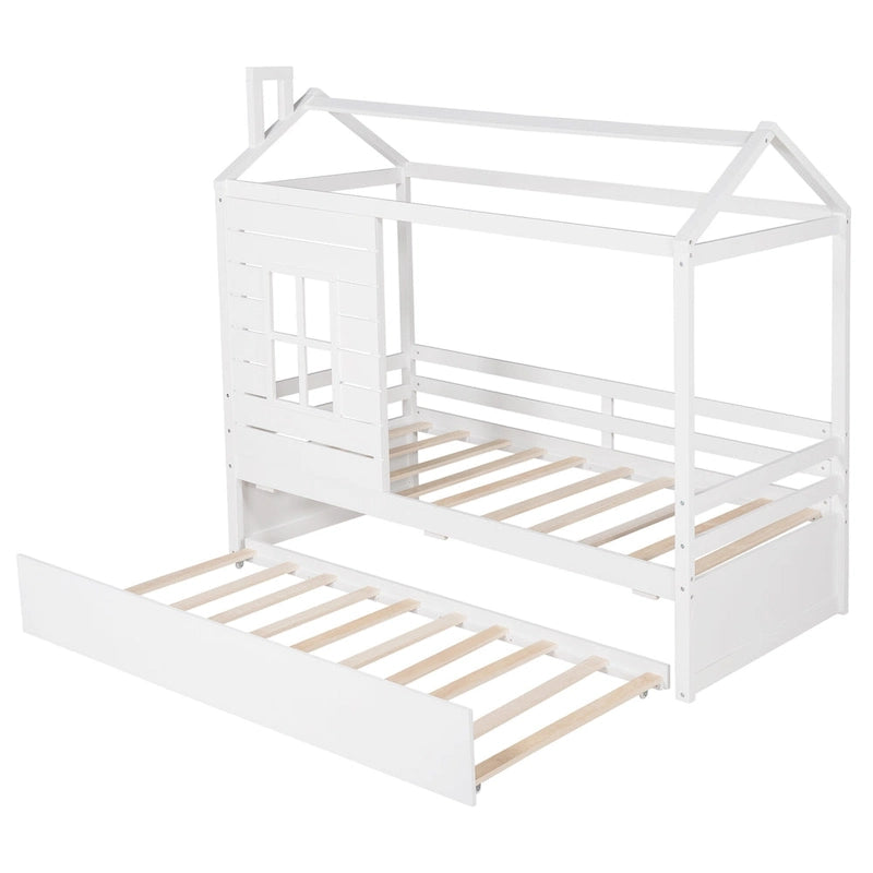Kids White Pine Wood House Bed Frame with Guardrail and Playhouse Window