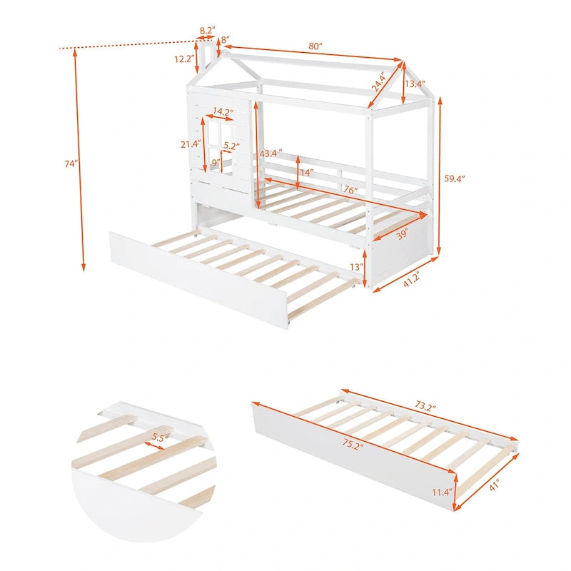 Kids White Pine Wood House Bed Frame with Guardrail and Playhouse Window