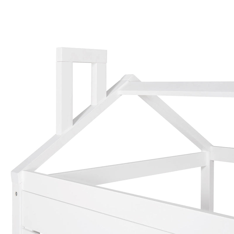 Kids White Pine Wood House Bed Frame with Guardrail and Playhouse Window