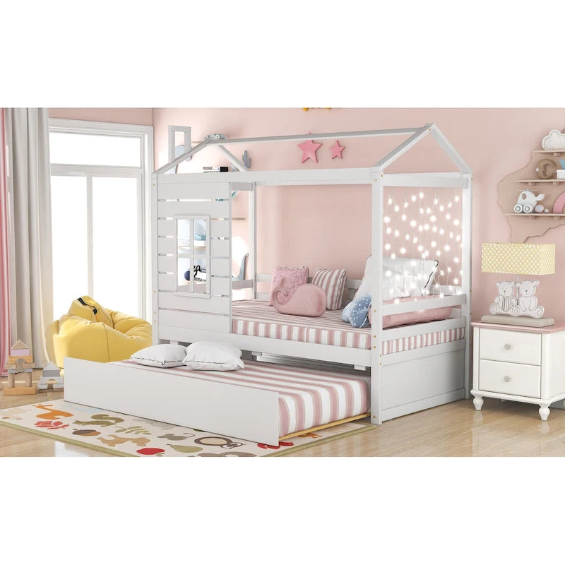 Kids White Pine Wood House Bed Frame with Guardrail and Playhouse Window