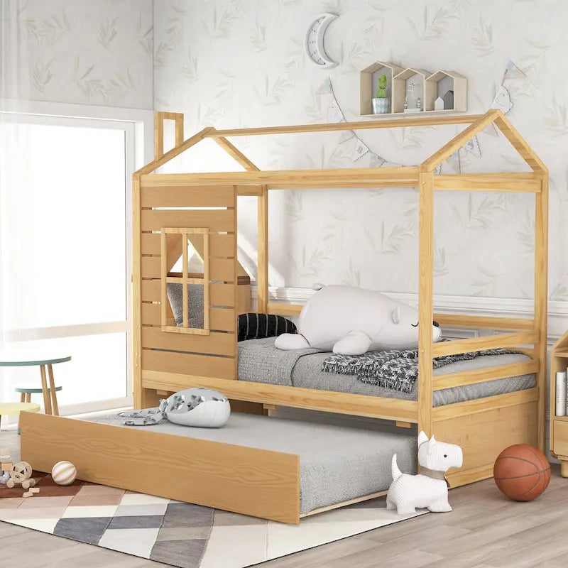 Kids White Pine Wood House Bed Frame with Guardrail and Playhouse Window