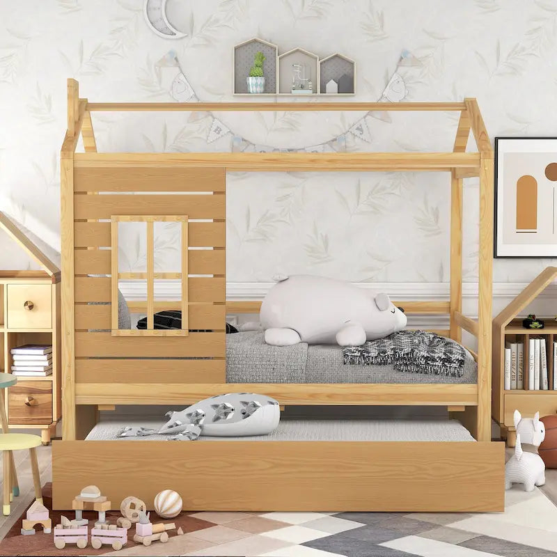 Kids White Pine Wood House Bed Frame with Guardrail and Playhouse Window