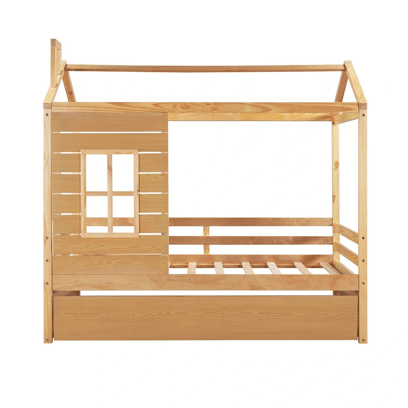Kids White Pine Wood House Bed Frame with Guardrail and Playhouse Window