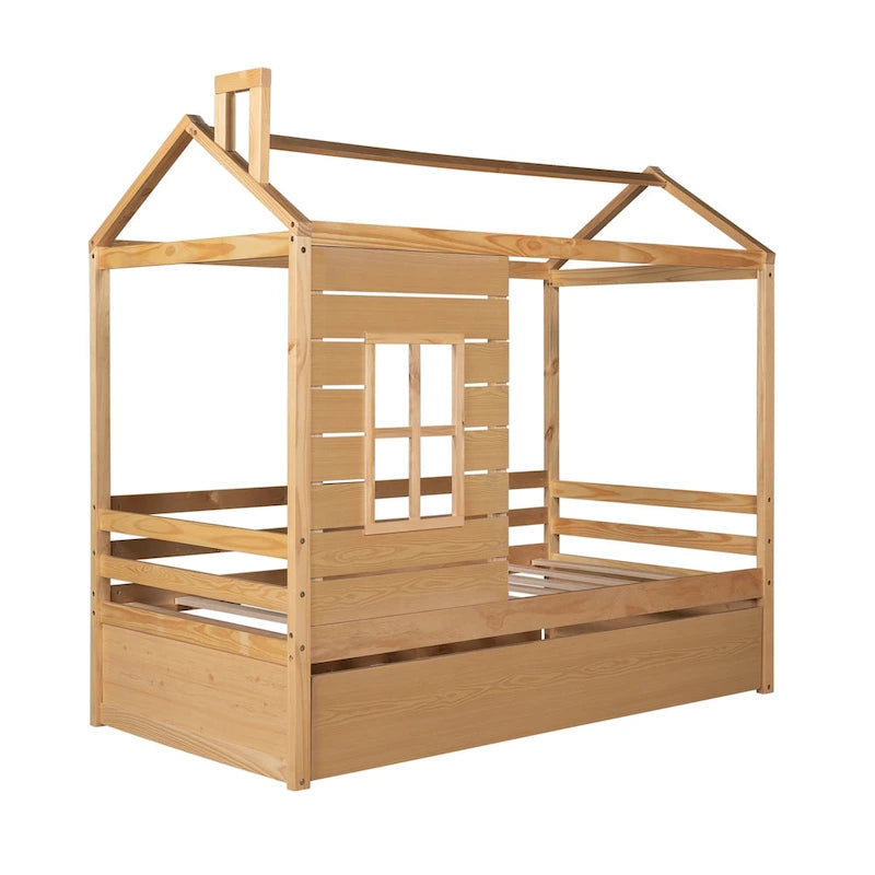 Kids White Pine Wood House Bed Frame with Guardrail and Playhouse Window