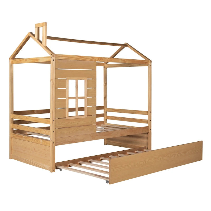 Kids White Pine Wood House Bed Frame with Guardrail and Playhouse Window