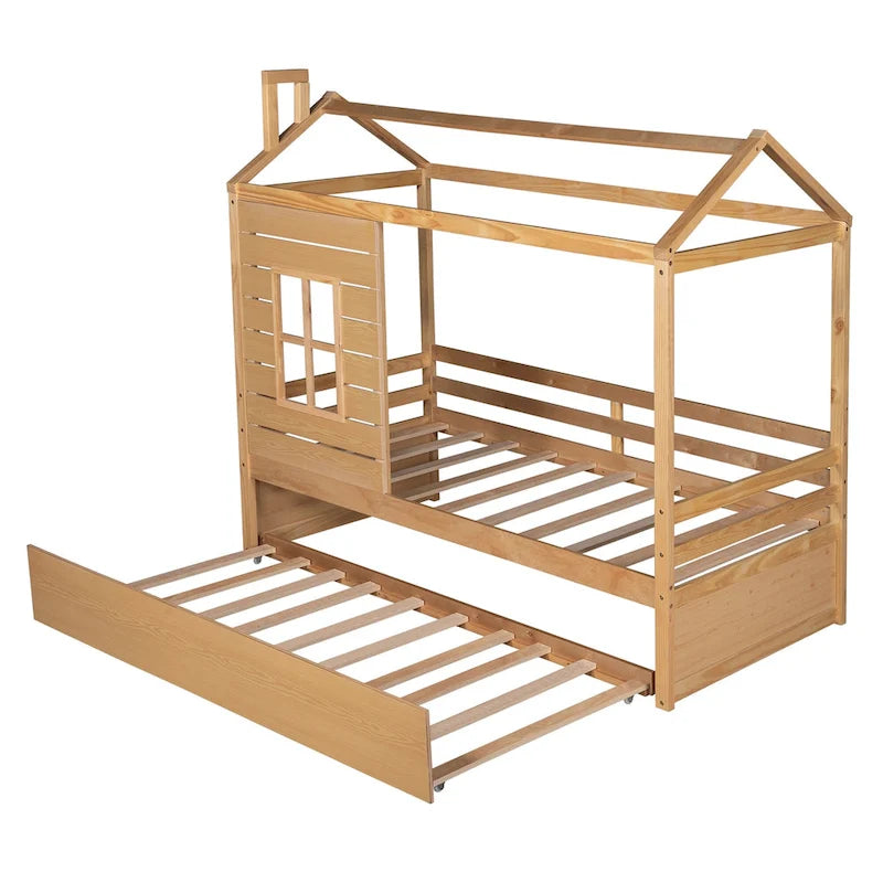 Kids White Pine Wood House Bed Frame with Guardrail and Playhouse Window