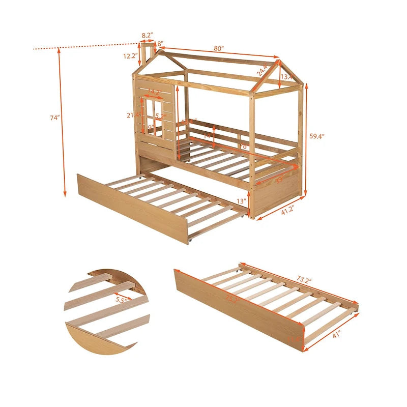 Kids White Pine Wood House Bed Frame with Guardrail and Playhouse Window