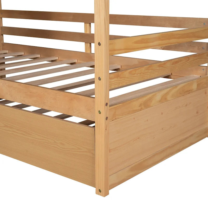 Kids White Pine Wood House Bed Frame with Guardrail and Playhouse Window
