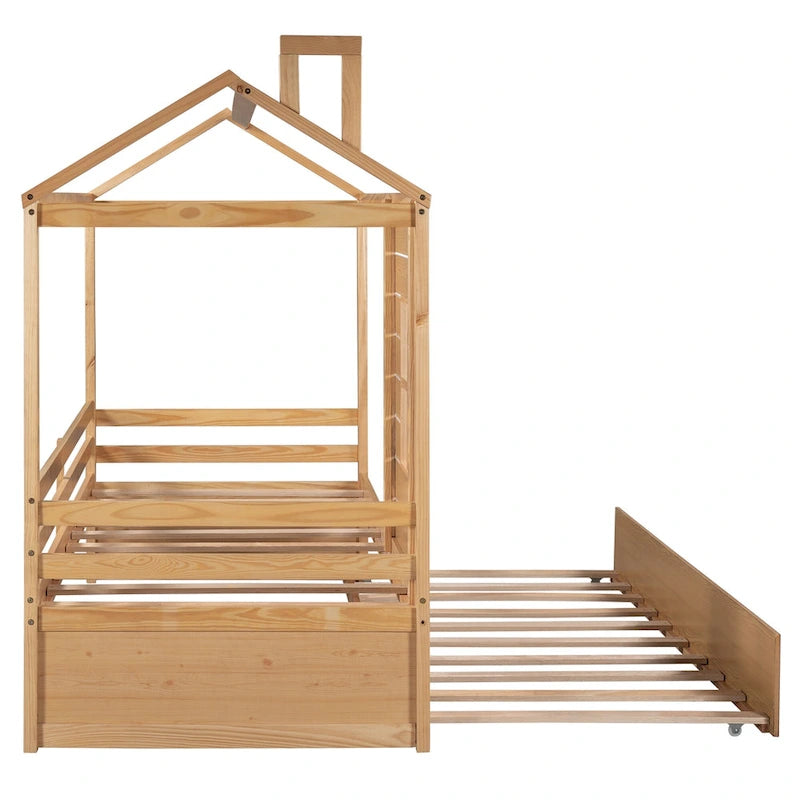Kids White Pine Wood House Bed Frame with Guardrail and Playhouse Window