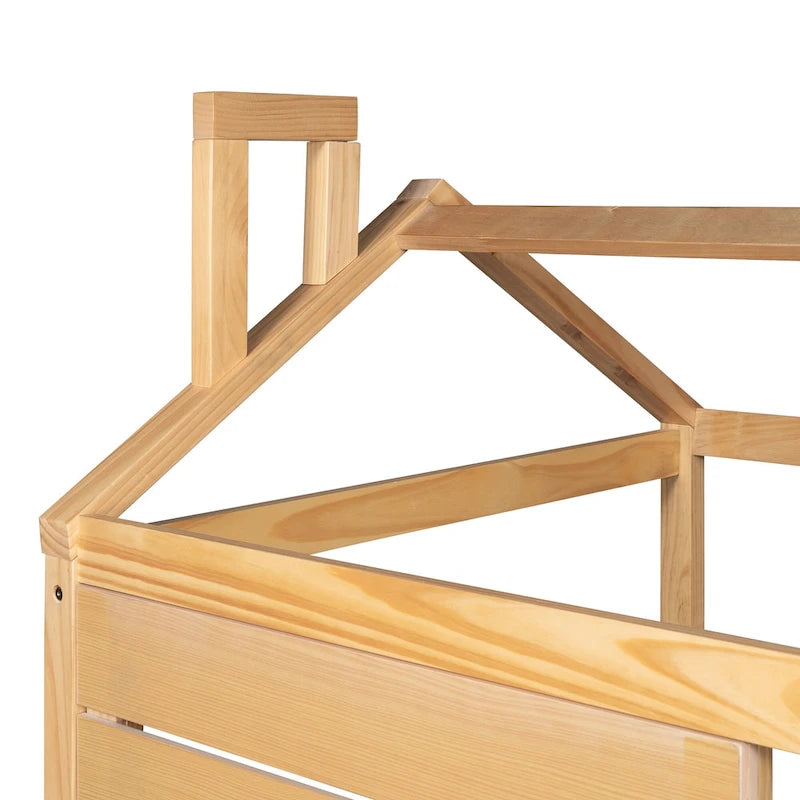 Kids White Pine Wood House Bed Frame with Guardrail and Playhouse Window