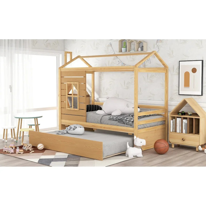 Kids White Pine Wood House Bed Frame with Guardrail and Playhouse Window
