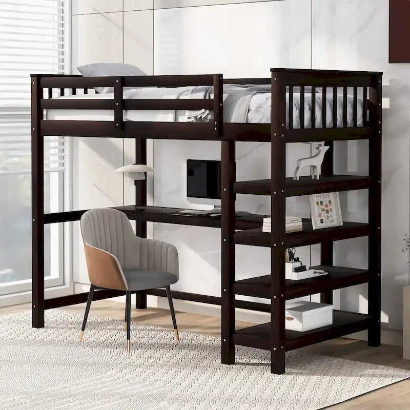 Solid Wood Loft Bed with Integrated Desk and Storage Shelves White