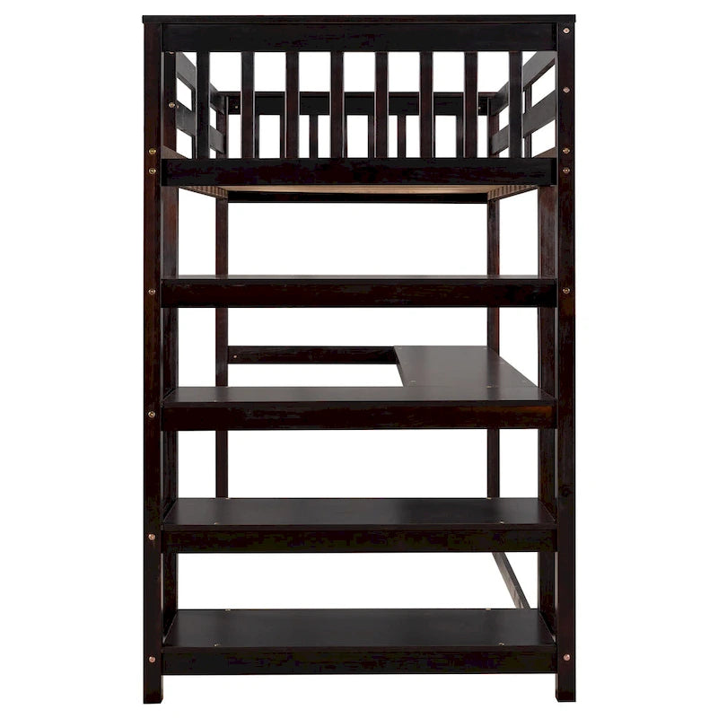 Solid Wood Loft Bed with Integrated Desk and Storage Shelves White