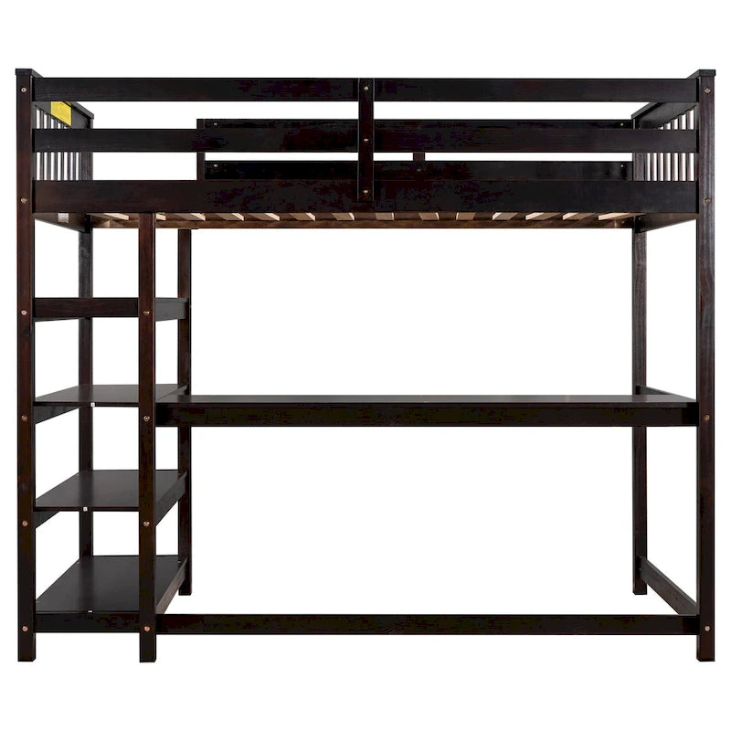 Solid Wood Loft Bed with Integrated Desk and Storage Shelves White