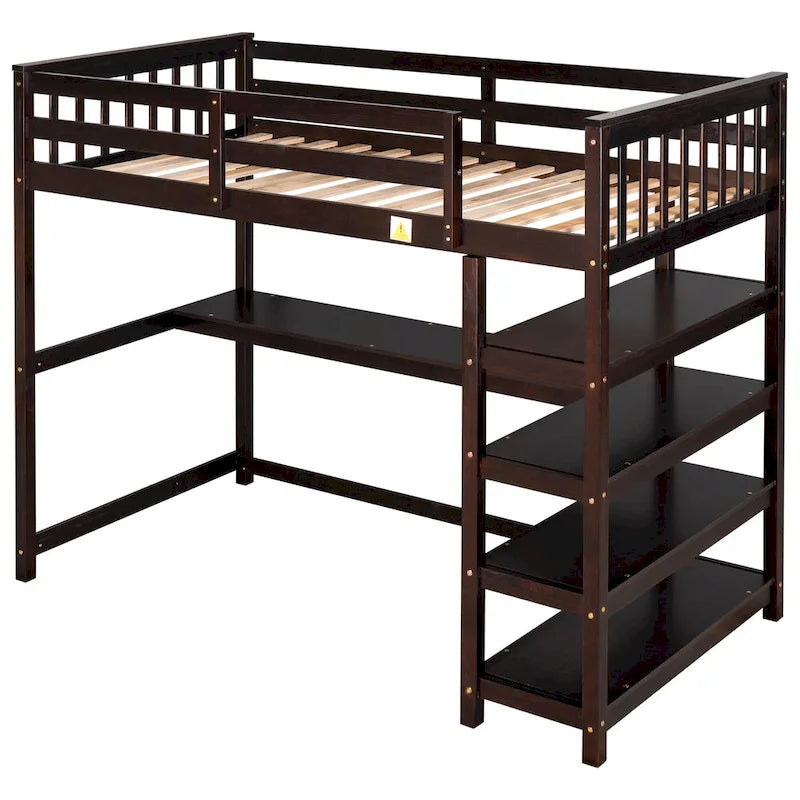 Solid Wood Loft Bed with Integrated Desk and Storage Shelves White