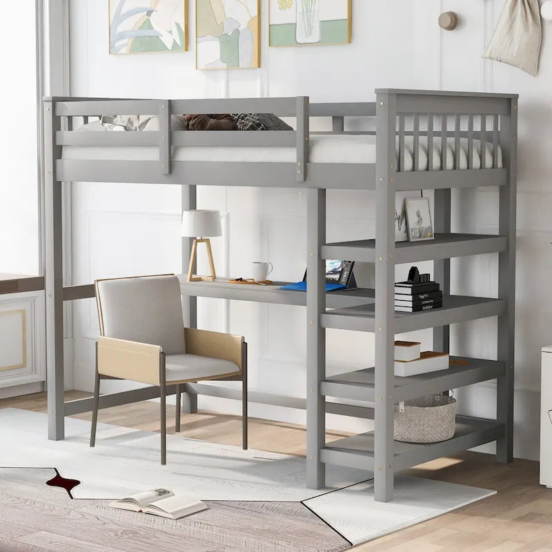 Solid Wood Loft Bed with Integrated Desk and Storage Shelves White