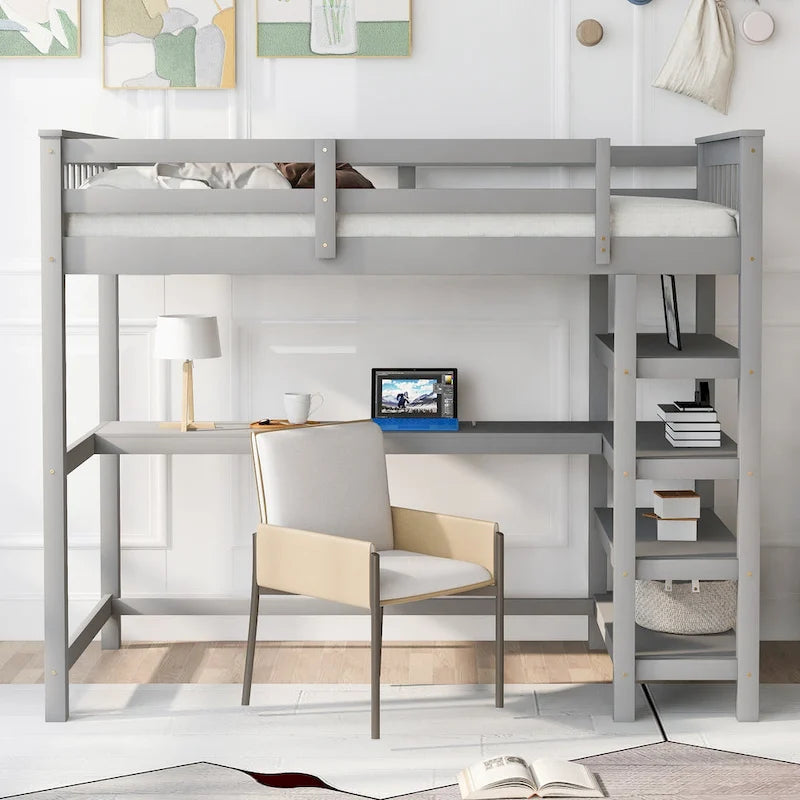 Solid Wood Loft Bed with Integrated Desk and Storage Shelves White