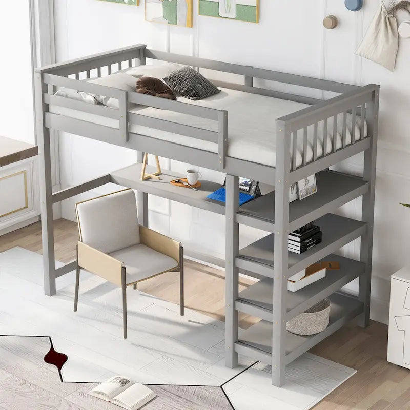 Solid Wood Loft Bed with Integrated Desk and Storage Shelves White