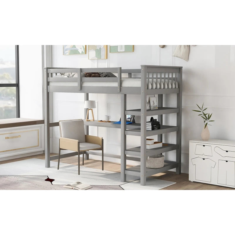 Solid Wood Loft Bed with Integrated Desk and Storage Shelves White