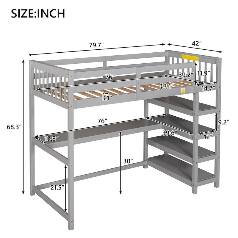 Solid Wood Loft Bed with Integrated Desk and Storage Shelves White
