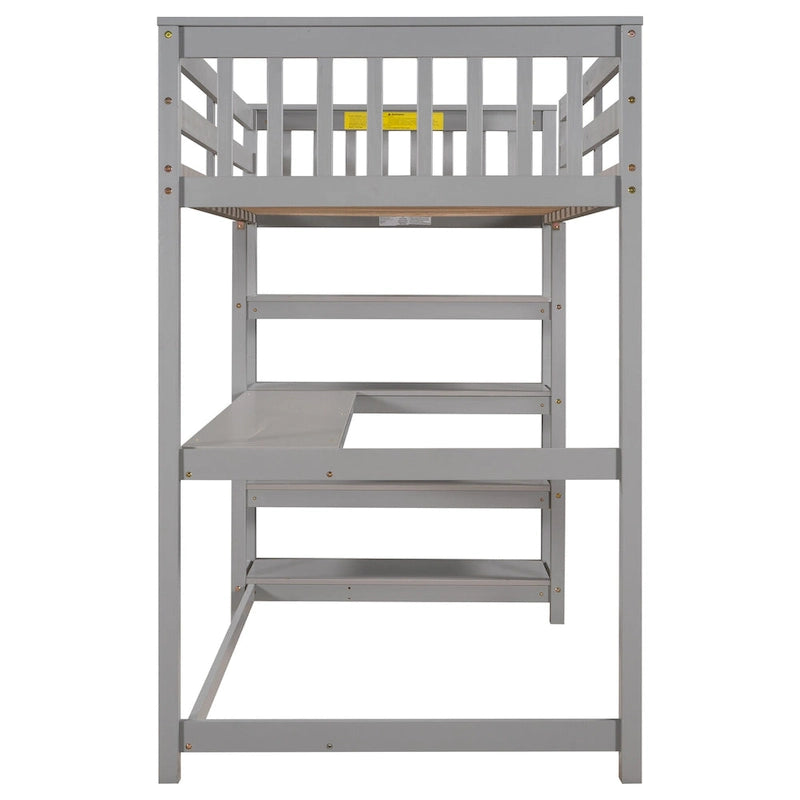 Solid Wood Loft Bed with Integrated Desk and Storage Shelves White