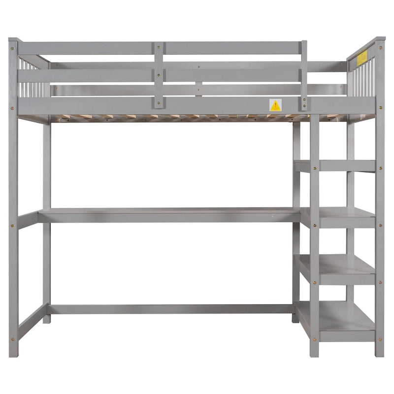 Solid Wood Loft Bed with Integrated Desk and Storage Shelves White