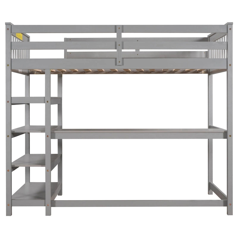 Solid Wood Loft Bed with Integrated Desk and Storage Shelves White