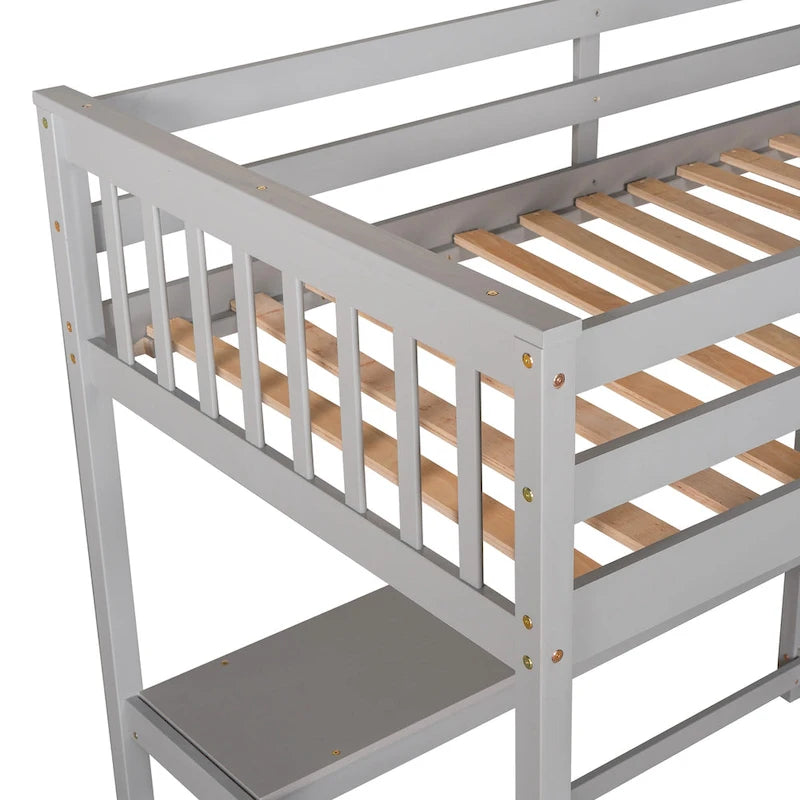 Solid Wood Loft Bed with Integrated Desk and Storage Shelves White
