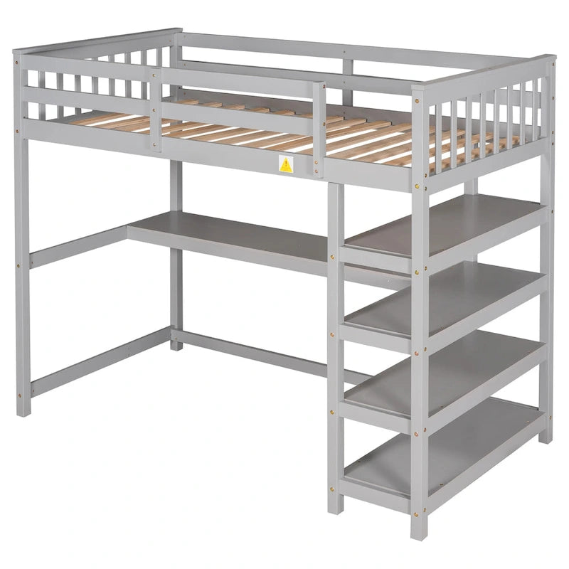 Solid Wood Loft Bed with Integrated Desk and Storage Shelves White