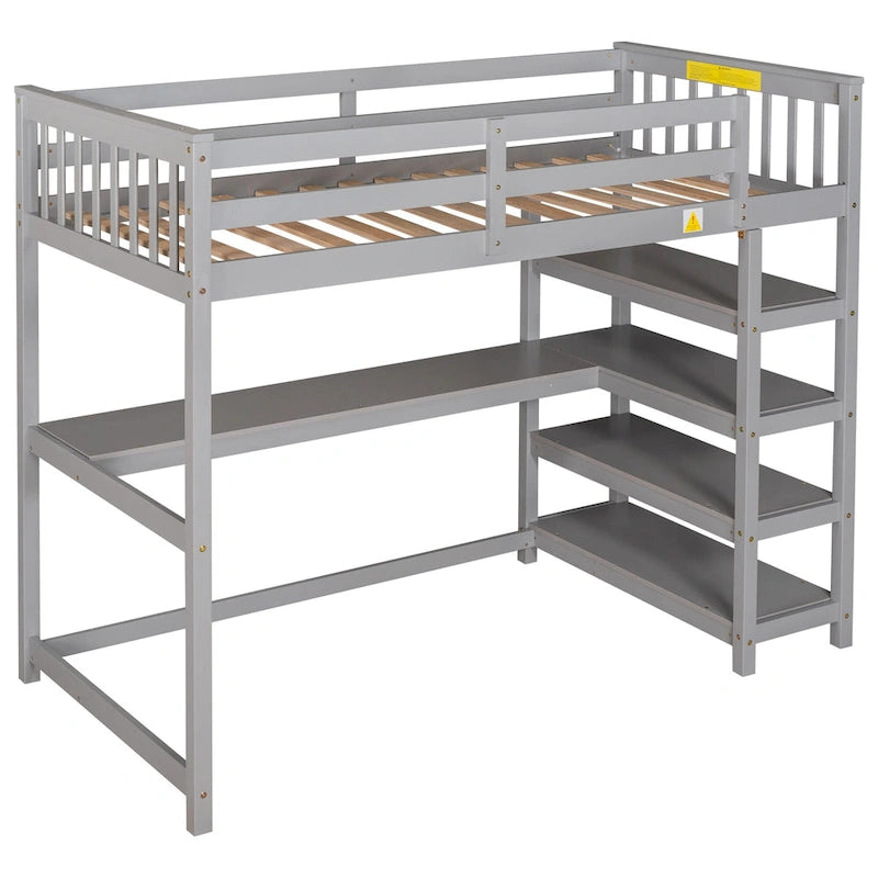 Solid Wood Loft Bed with Integrated Desk and Storage Shelves White