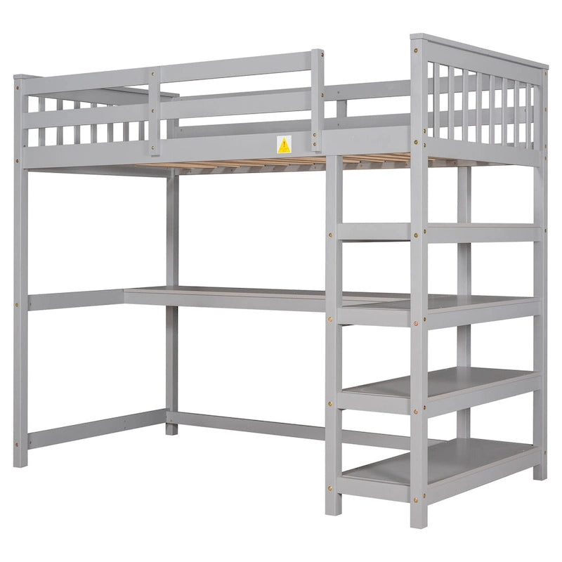 Solid Wood Loft Bed with Integrated Desk and Storage Shelves White