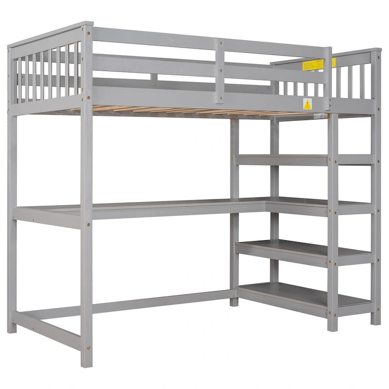 Solid Wood Loft Bed with Integrated Desk and Storage Shelves White