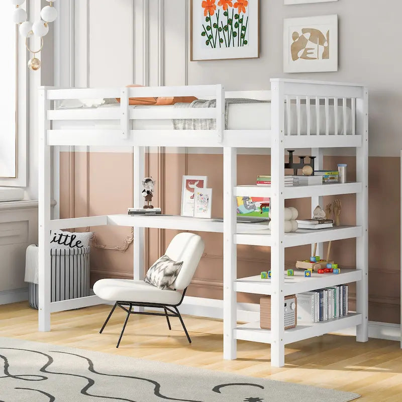Solid Wood Loft Bed with Integrated Desk and Storage Shelves White