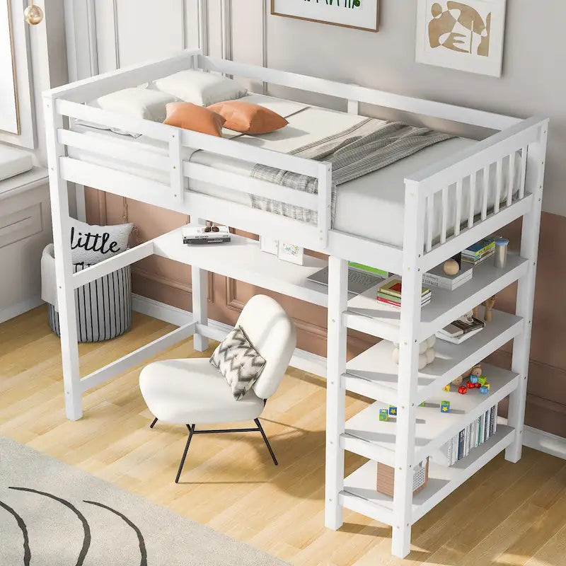 Solid Wood Loft Bed with Integrated Desk and Storage Shelves White
