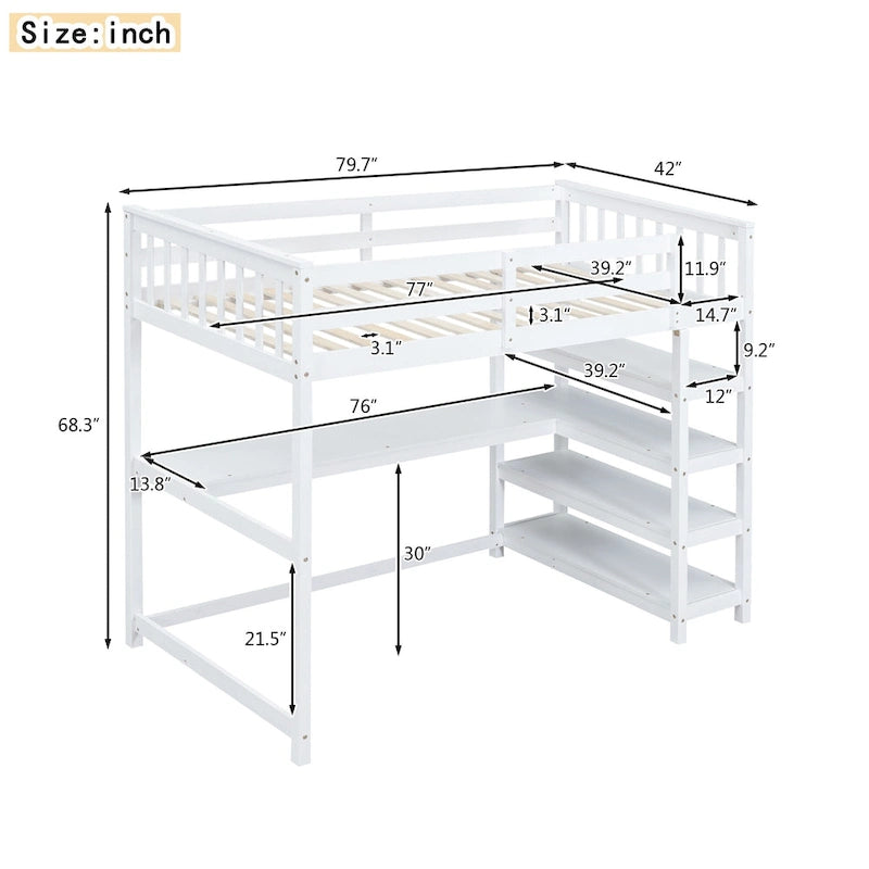 Solid Wood Loft Bed with Integrated Desk and Storage Shelves White
