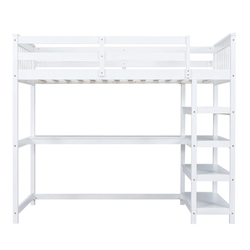 Solid Wood Loft Bed with Integrated Desk and Storage Shelves White