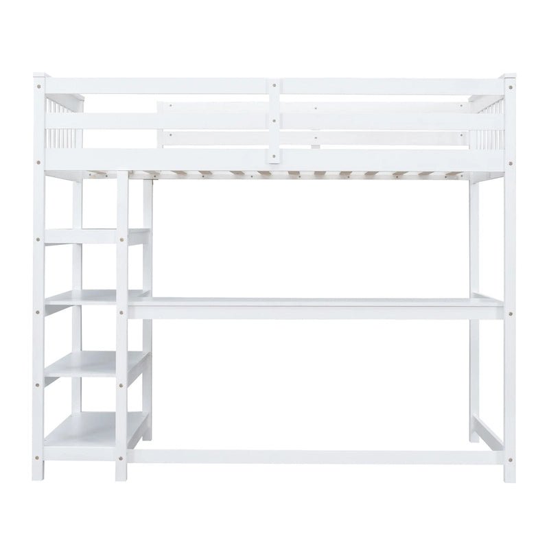 Solid Wood Loft Bed with Integrated Desk and Storage Shelves White