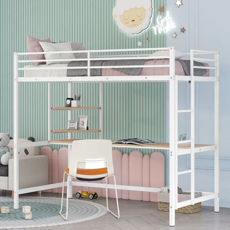 White Metal Loft Bed with Desk Ladder and Storage Shelf