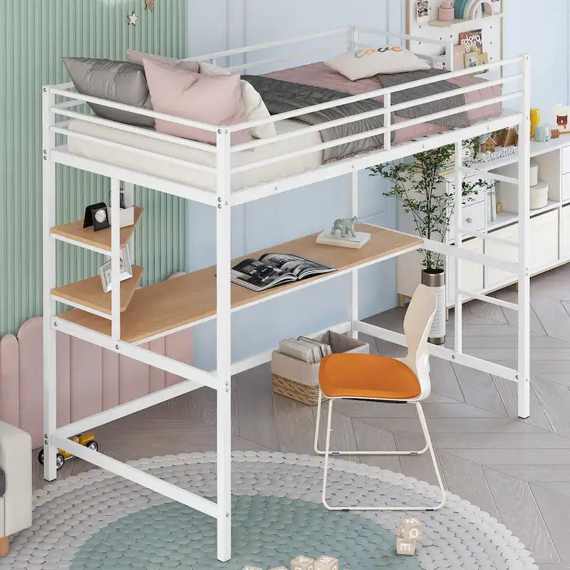 White Twin Size Metal Loft Bed with Desk, Ladder & Shelf