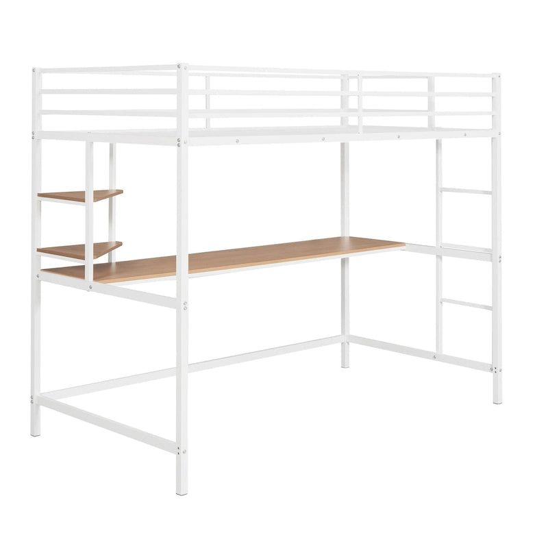 White Metal Loft Bed with Desk Ladder and Storage Shelf