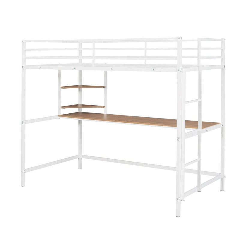 White Metal Loft Bed with Desk Ladder and Storage Shelf