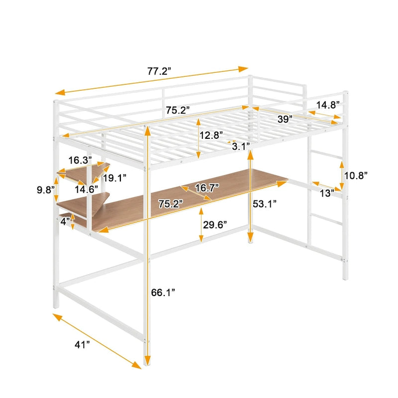 White Metal Loft Bed with Desk Ladder and Storage Shelf
