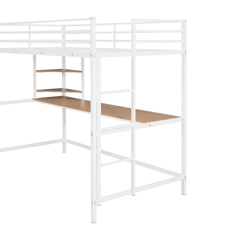 White Metal Loft Bed with Desk Ladder and Storage Shelf