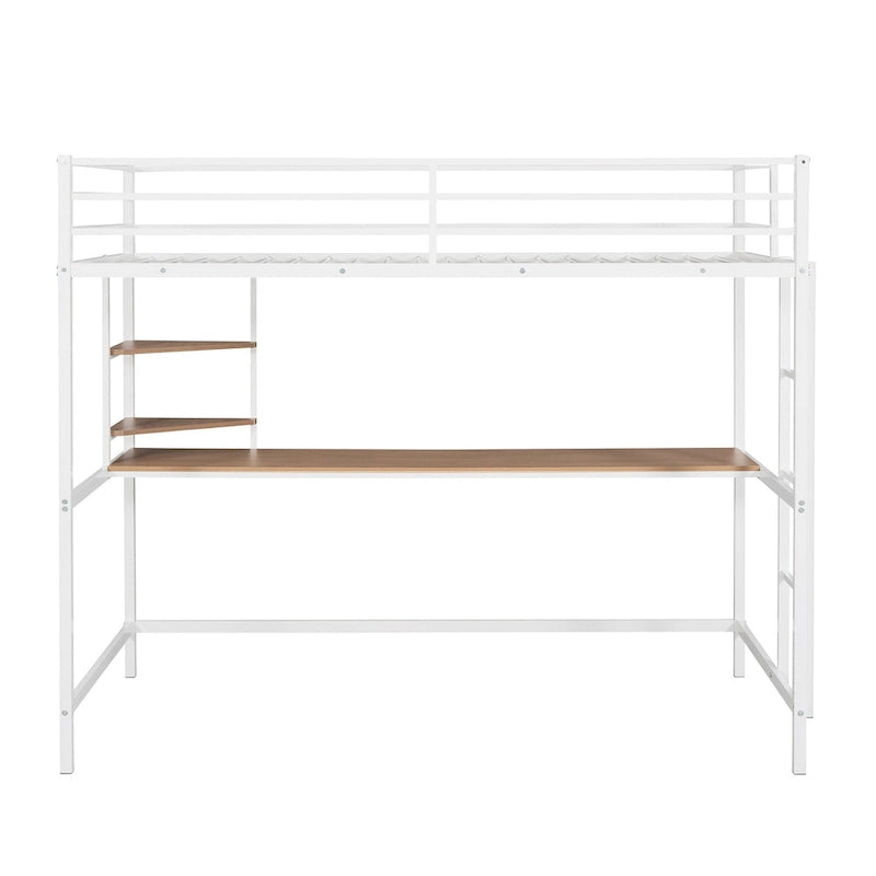 White Metal Loft Bed with Desk Ladder and Storage Shelf