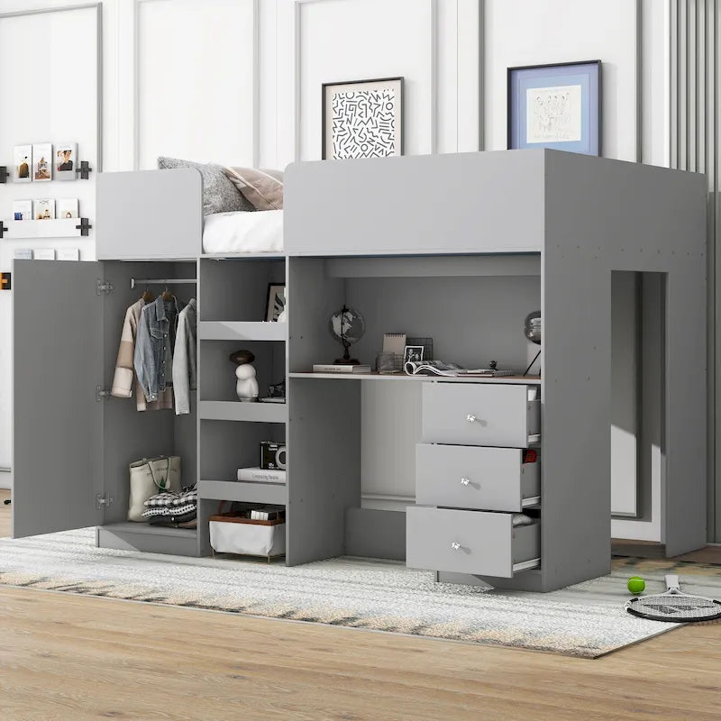 Full Size Loft Bed with Wardrobe Desk Drawers and Storage Shelves Grey