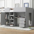 Full Size Loft Bed with Wardrobe Desk Drawers and Storage Shelves Grey